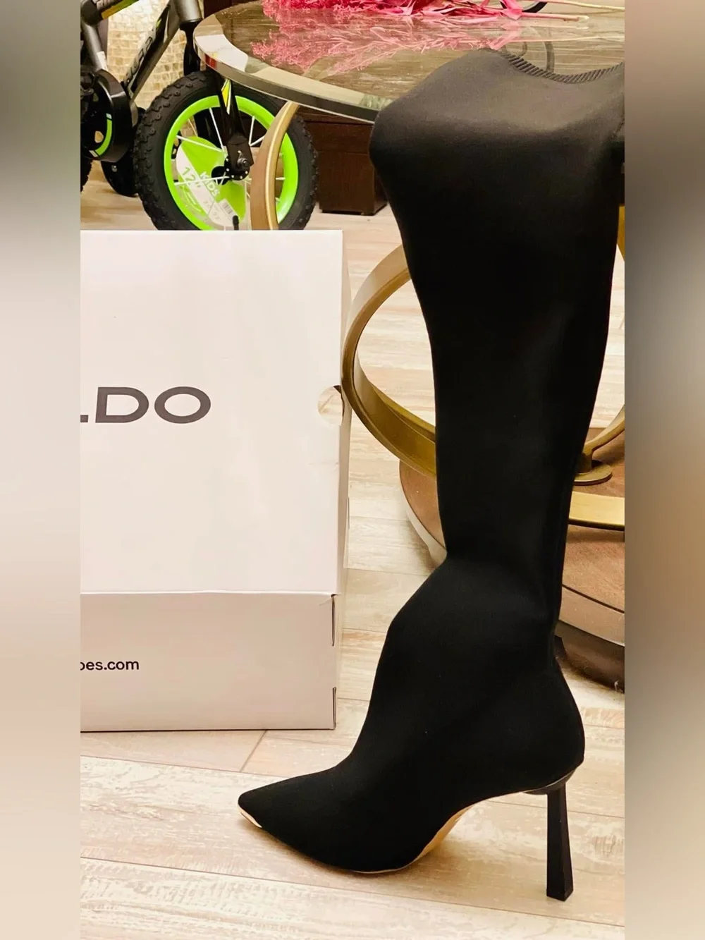 Aldo Black Stretch Over-the-Knee Stiletto with Gold Toe Accent